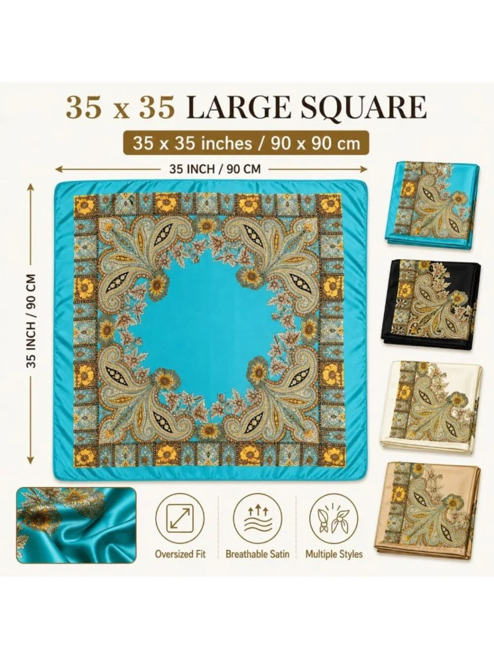 4PCS 35” Satin Large Square Scarves - Silk-Like Neck Wraps & Hair Accessories